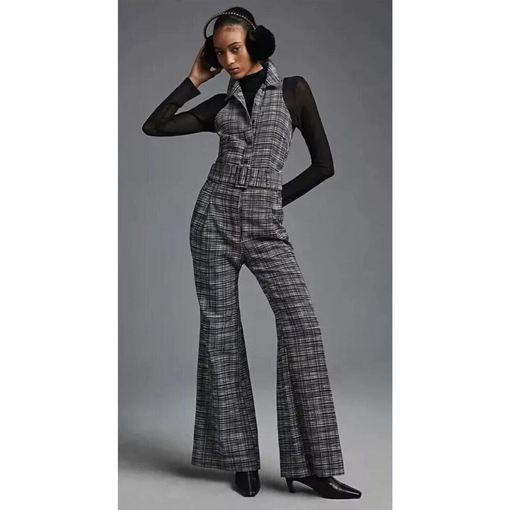 Anthropologie Maeve Plaid Sleeveless Jumpsuit Size 10 Black